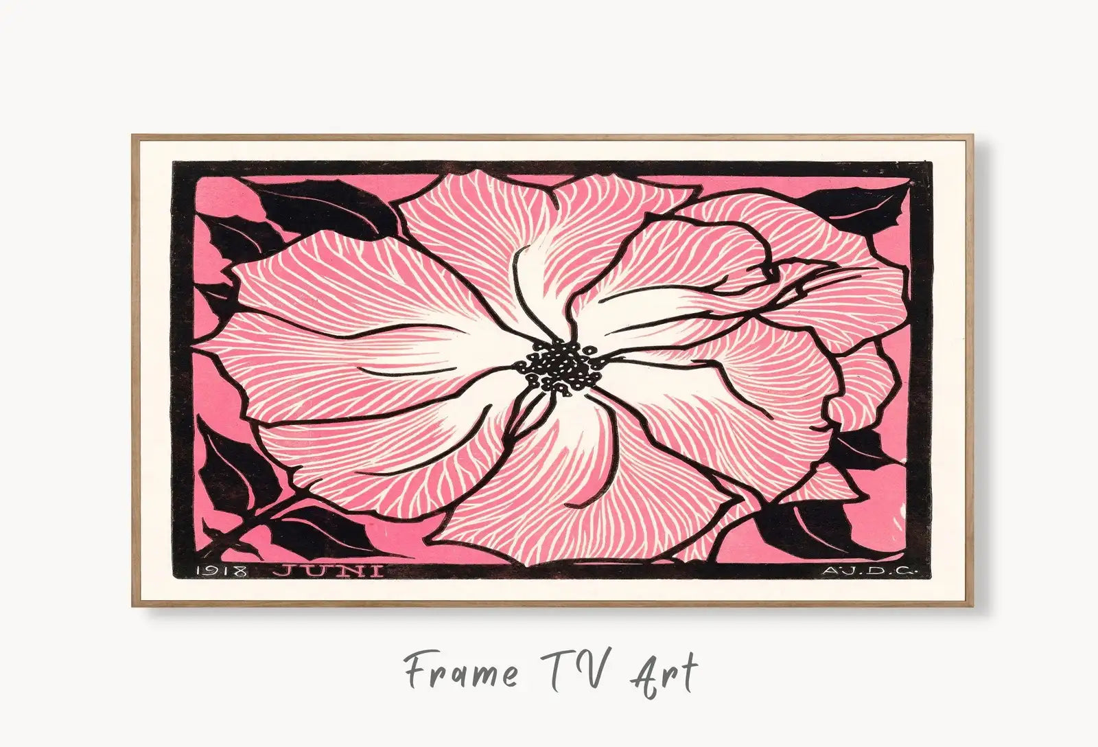 Samsung Frame TV Art 4K Vintage Pink Rose Art Nouveau Flower Painting. Antique Botanical Painting. Instant Download Pink Retro Flower TV Art displayed on Samsung Frame TV on a living room wall.