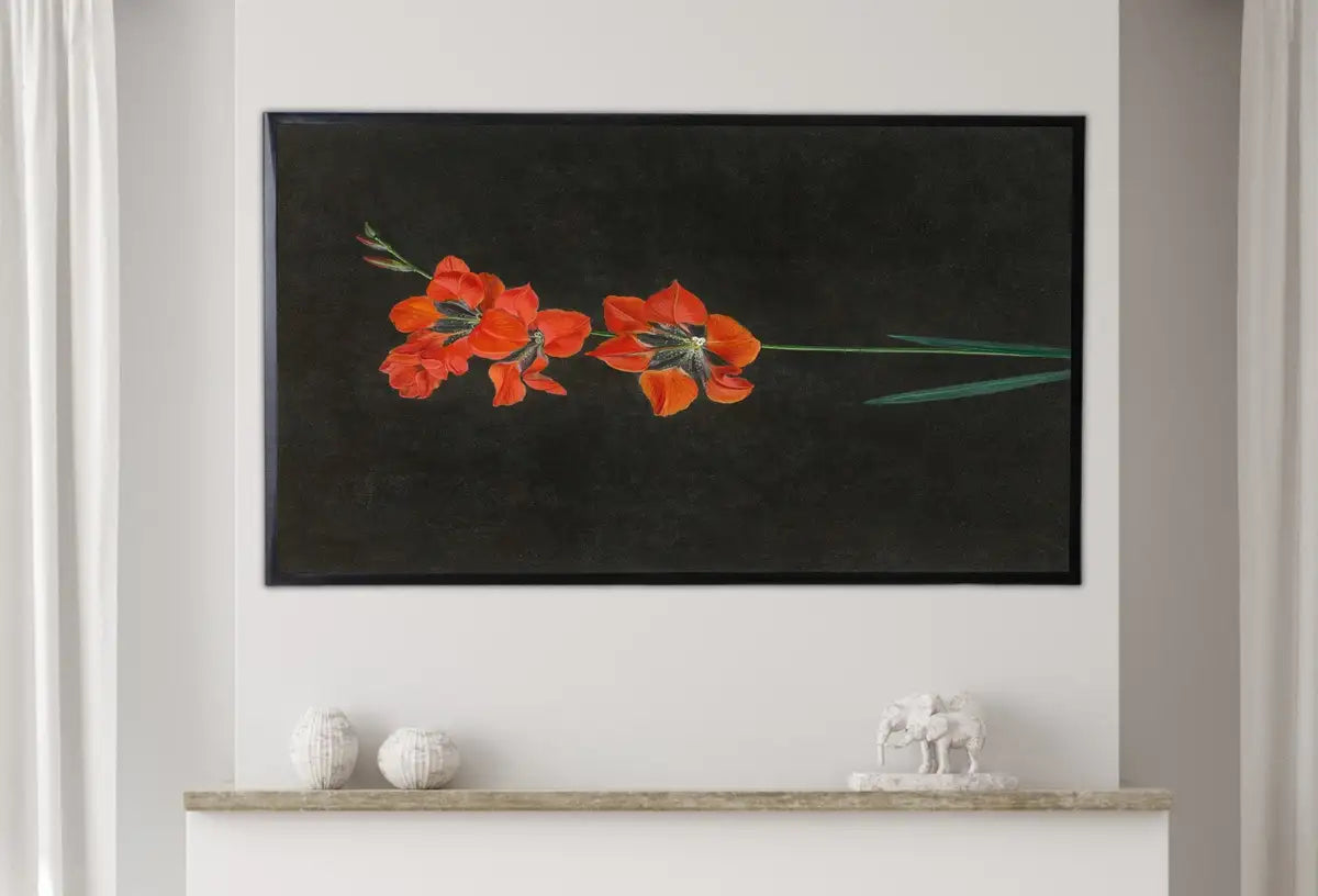 Detail view of artwork from Samsung Frame TV Art 4K Vintage Red Lily Flower Painting. Antique Botanical Oil Painting. Instant Download Farmhouse Moody TV Art. (variation 2)