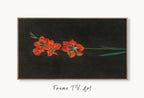 Samsung Frame TV Art 4K Vintage Red Lily Flower Painting. Antique Botanical Oil Painting. Instant Download Farmhouse Moody TV Art displayed on Samsung Frame TV on a living room wall.