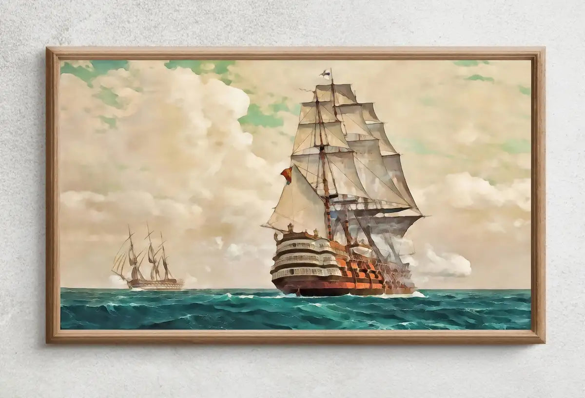 Detail view of artwork from Samsung Frame TV Art 4K Vintage Sailing Ship at Full Sail, Nautical Wall Decor. Instant Download Boat Art for Frame TV. Vintage Art for TV. (variation 2)