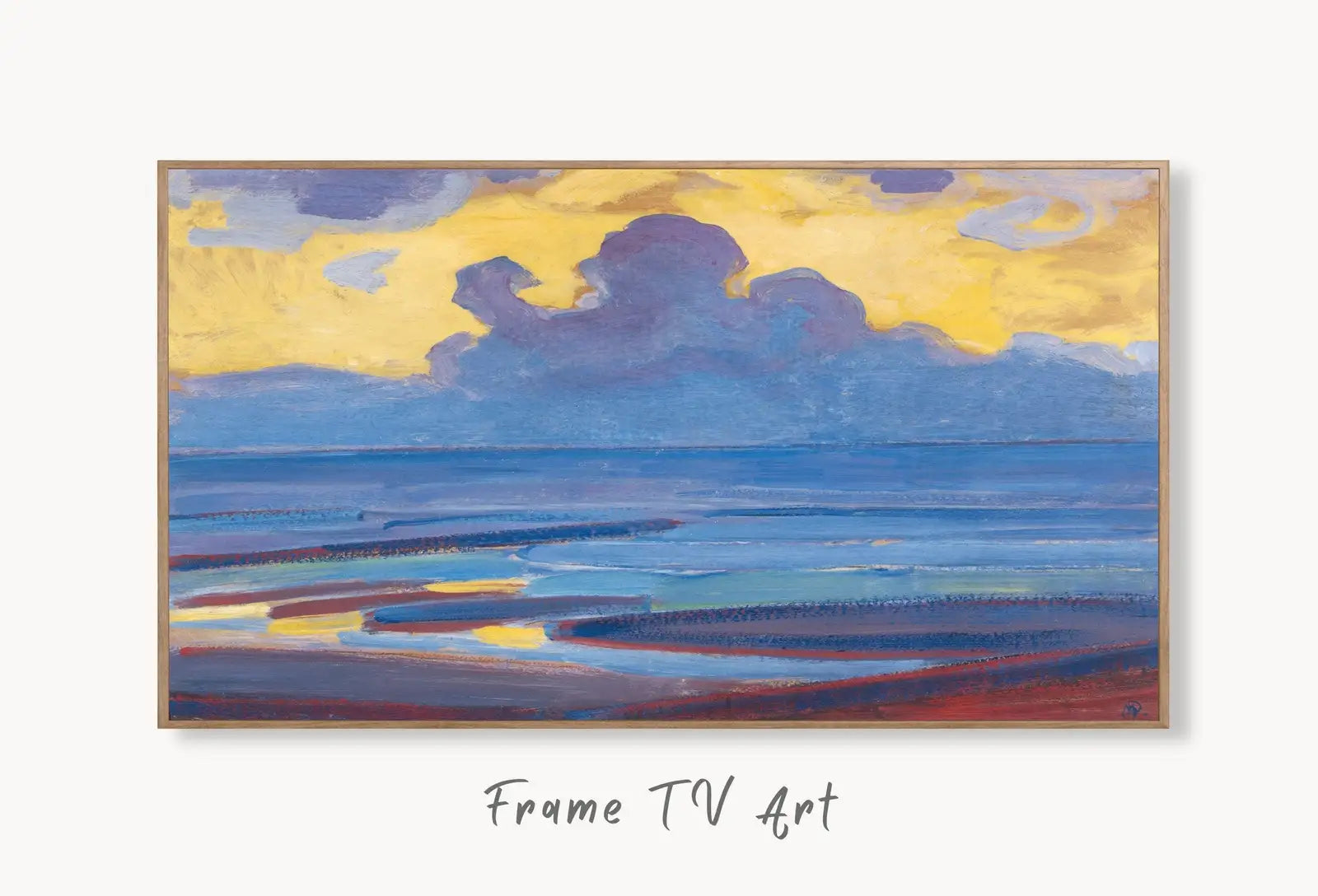 Samsung Frame TV Art 4K Vintage Seascape Painting. Abstract Coastal Ocean Digital TV Art. Minimalist Beach Abstract Landscape for Frame TV displayed on Samsung Frame TV on a living room wall.