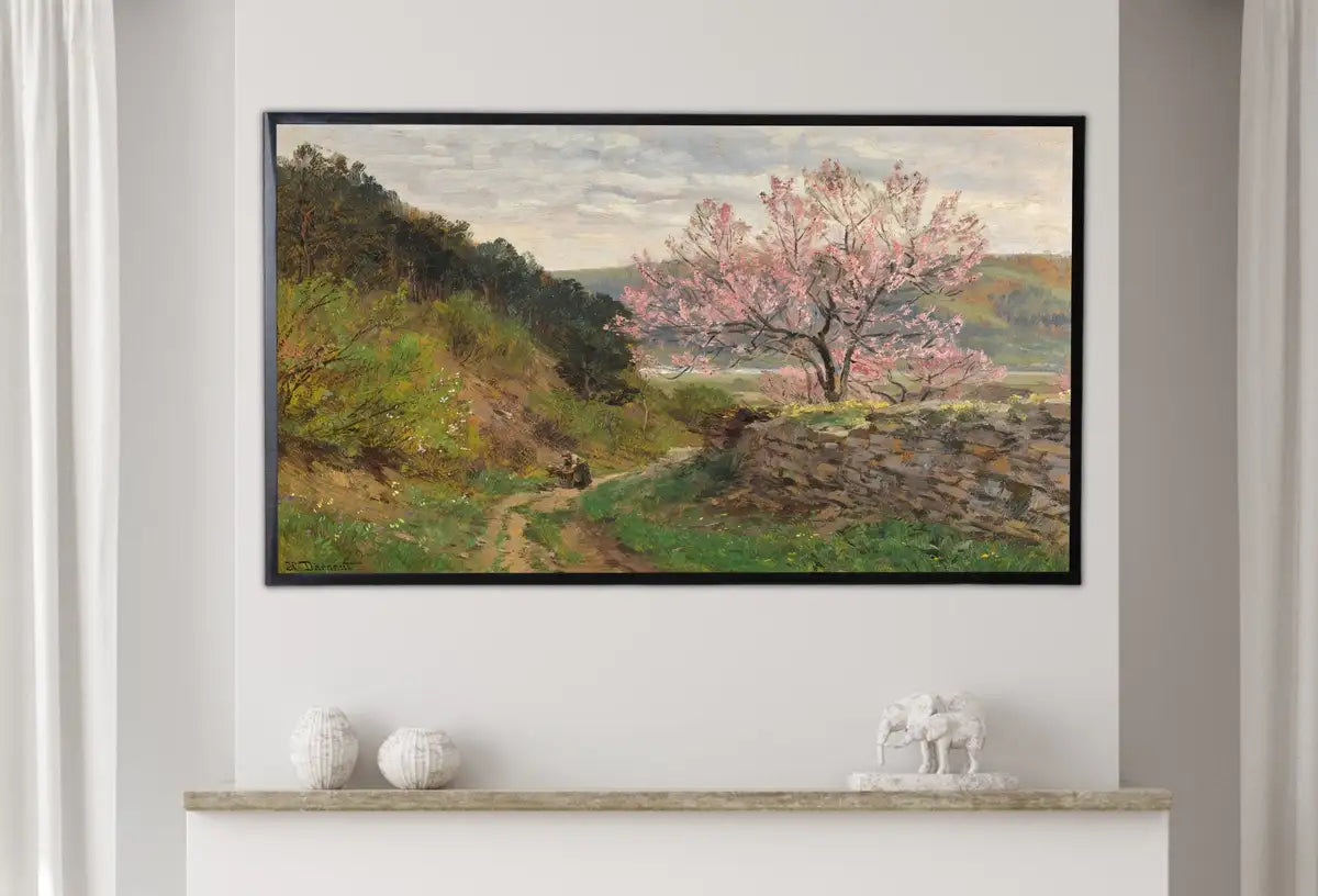 Detail view of artwork from Samsung Frame TV Art 4K Vintage Spring Almond Blossom Landscape Painting. Instant Download Landscape Art for Frame TV. French Country Decor. (variation 2)