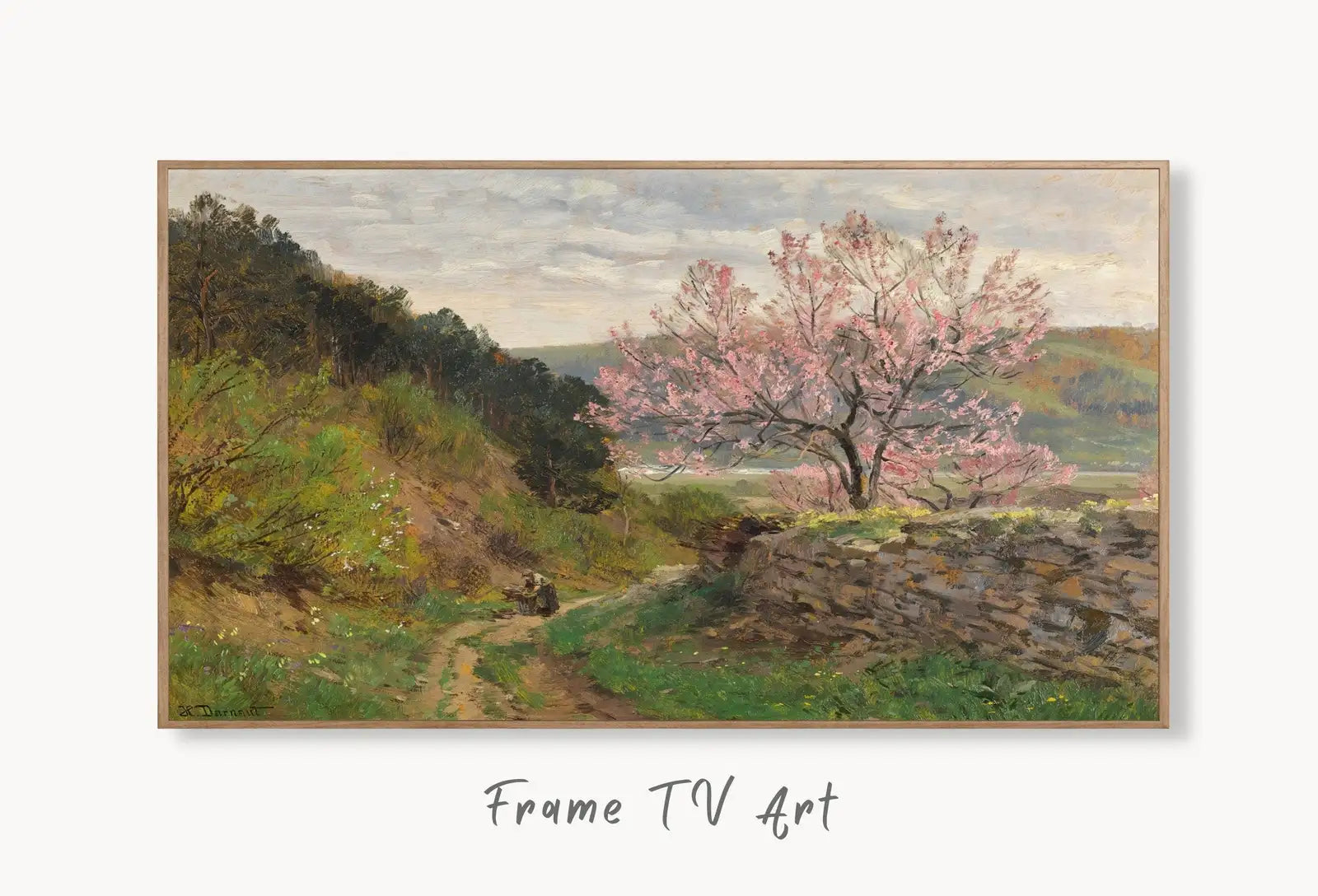 Samsung Frame TV Art 4K Vintage Spring Almond Blossom Landscape Painting. Instant Download Landscape Art for Frame TV. French Country Decor displayed on Samsung Frame TV on a living room wall.