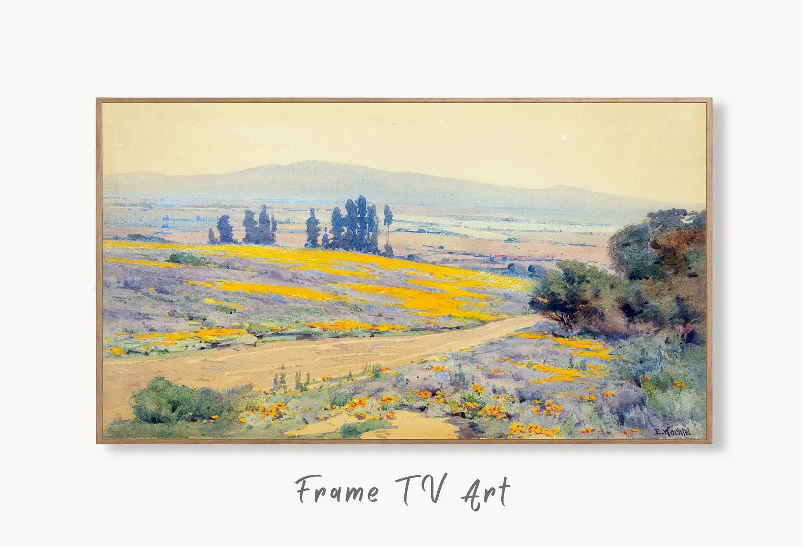 Samsung Frame TV Art 4K Vintage Spring Landscape Painting. Instant Download Spring Field Landscape. Wall Art for Frame TV. Vintage Wall Art displayed on Samsung Frame TV on a living room wall.