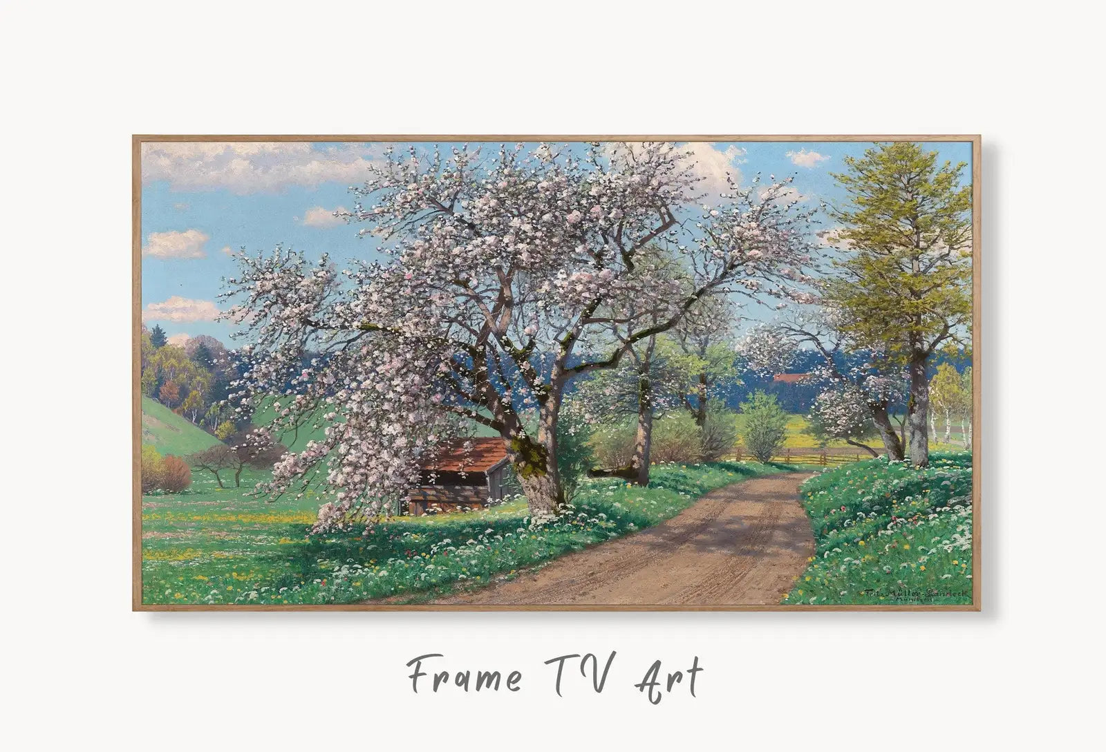 Samsung Frame TV Art 4K Vintage Spring Landscape Painting. Instant Download Spring Meadow Landscape. Wall Art for Frame TV. Vintage Wall Art displayed on Samsung Frame TV on a living room wall.