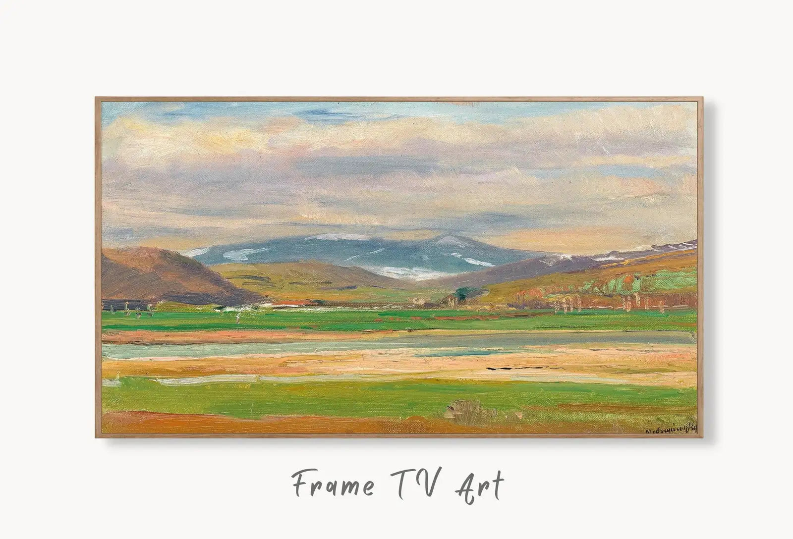 Samsung Frame TV Art 4K Vintage Spring Mountain Landscape Painting. Instant Download Spring Meadow Wall Art for Frame TV. Vintage Wall Art displayed on Samsung Frame TV on a living room wall.
