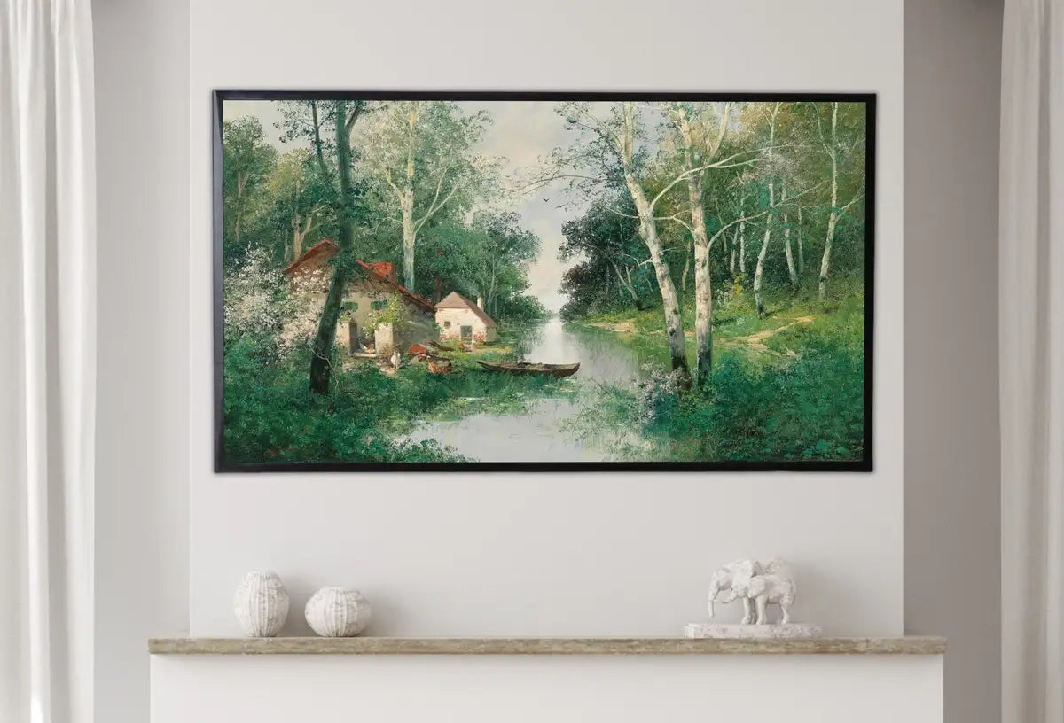 Detail view of artwork from Samsung Frame TV Art 4K Vintage Spring River Landscape Painting. Instant Download Antique Landscape Wall Art for Frame TV. Vintage Wall Art. (variation 2)