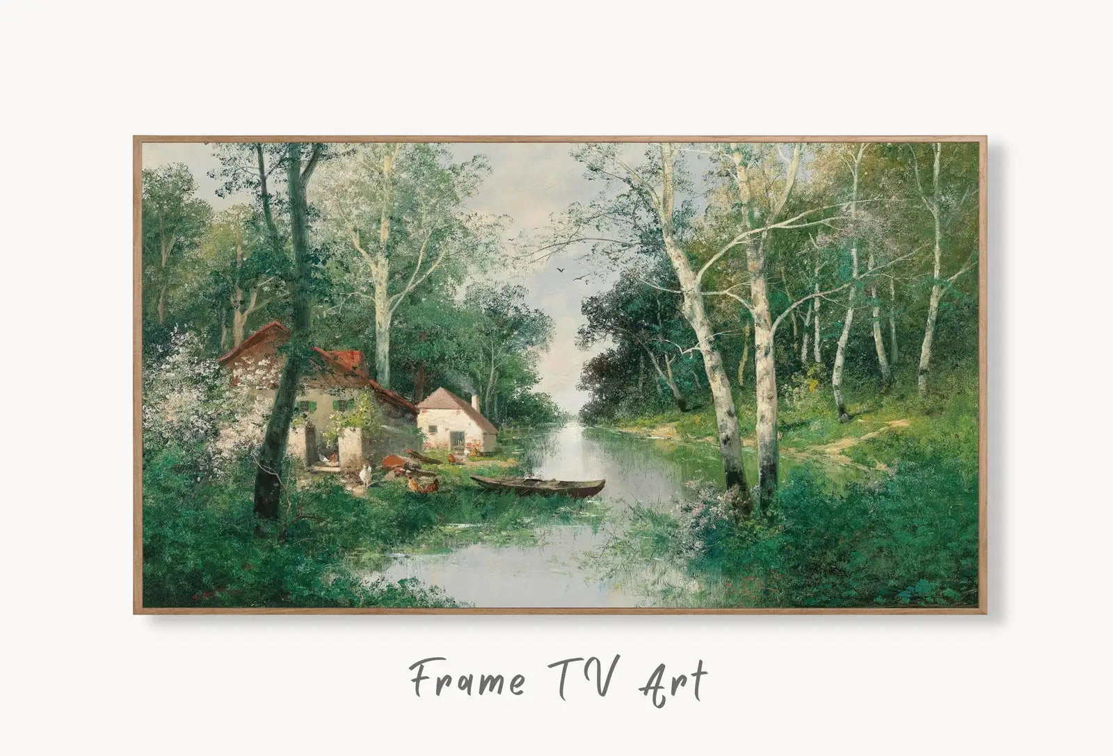 Samsung Frame TV Art 4K Vintage Spring River Landscape Painting. Instant Download Antique Landscape Wall Art for Frame TV. Vintage Wall Art displayed on Samsung Frame TV on a living room wall.