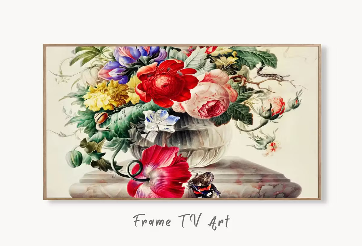 Samsung Frame TV Art 4K Vintage Still Life Flowers in Glass Vase Painting. Botanical Instant Download Colorful Retro Floral Art for Frame TV – Frame TV  Art