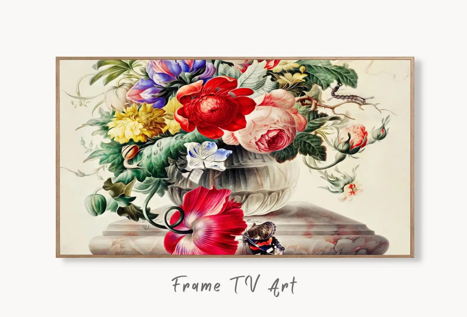 Samsung Frame TV Art 4K Vintage Still Life Flowers in Glass Vase Painting. Botanical Instant Download Colorful Retro Floral Art for Frame TV displayed on Samsung Frame TV on a living room wall.