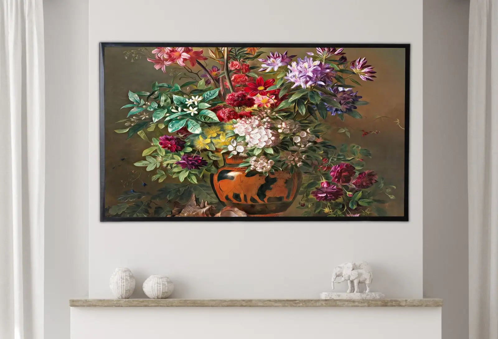 Included artwork preview showing first selection of artworks from Samsung Frame TV Art 4K Vintage Still Life Flowers in Greek Vase Painting. Botanical Instant Download Colorful Retro Floral Art for Frame TV.