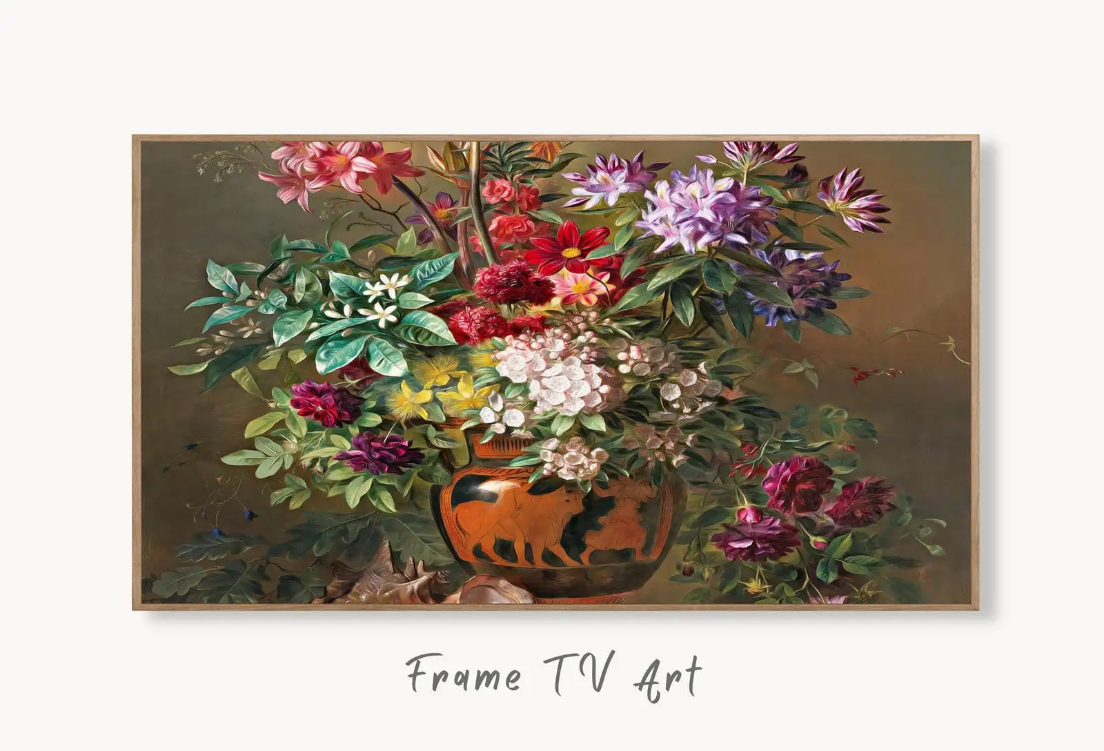 Samsung Frame TV Art 4K Vintage Still Life Flowers in Greek Vase Painting. Botanical Instant Download Colorful Retro Floral Art for Frame TV displayed on Samsung Frame TV on a living room wall.