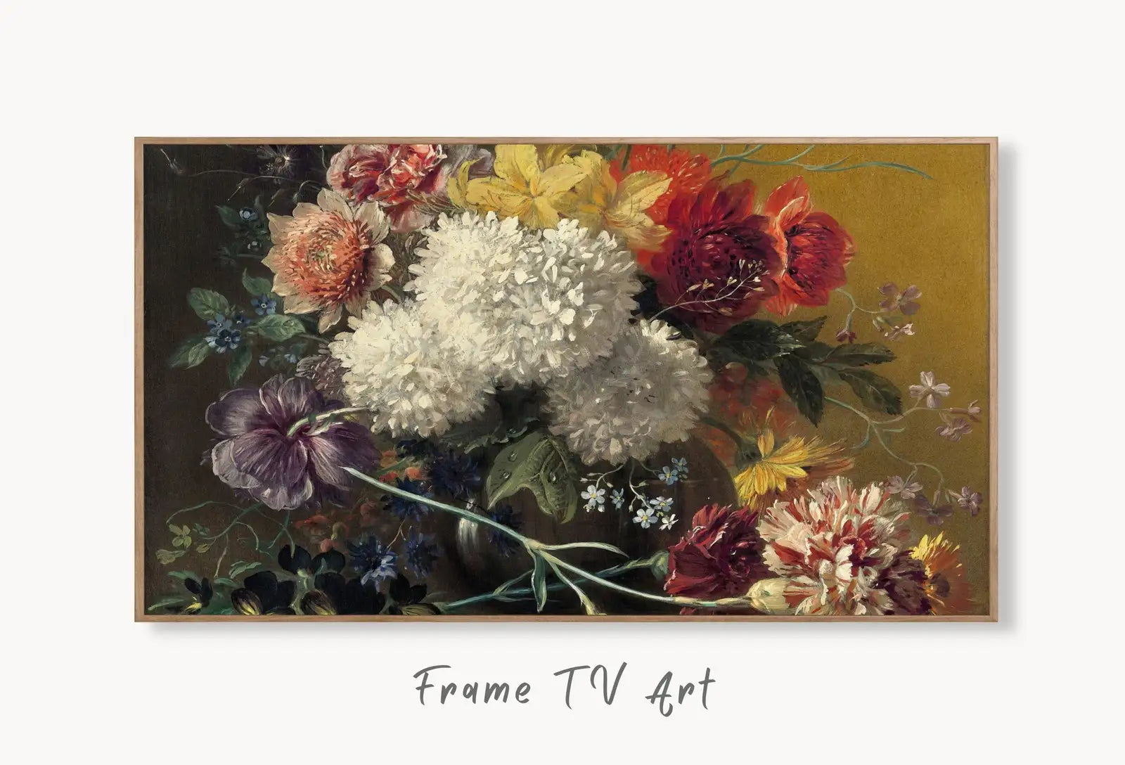 Samsung Frame TV Art 4K Vintage Still life Flowers Painting. Flowers in Vase Oil Painting. Instant Download Retro Floral Art for Frame TV displayed on Samsung Frame TV on a living room wall.