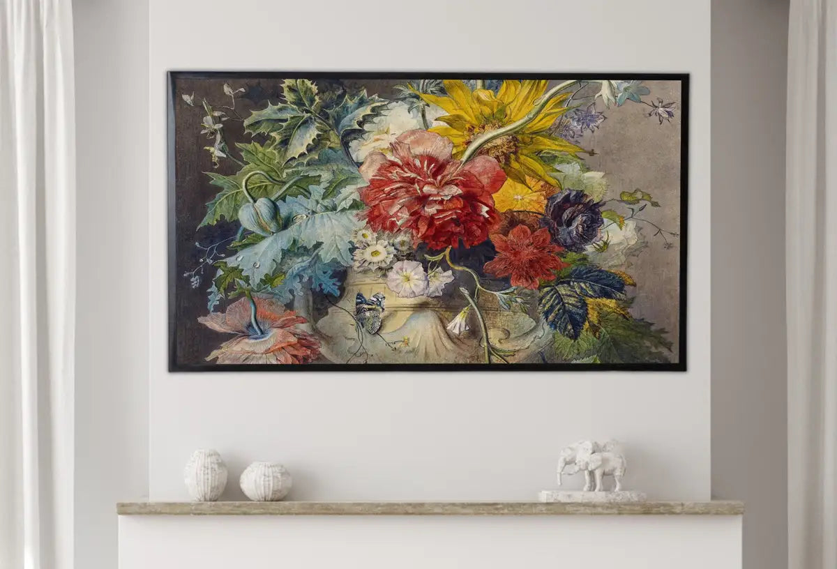 Detail view of artwork from Samsung Frame TV Art 4K Vintage Still life Painting. Bouquet of Flowers in Vase Art. Instant Download Colorful Retro Floral Art for Frame TV. (variation 2)