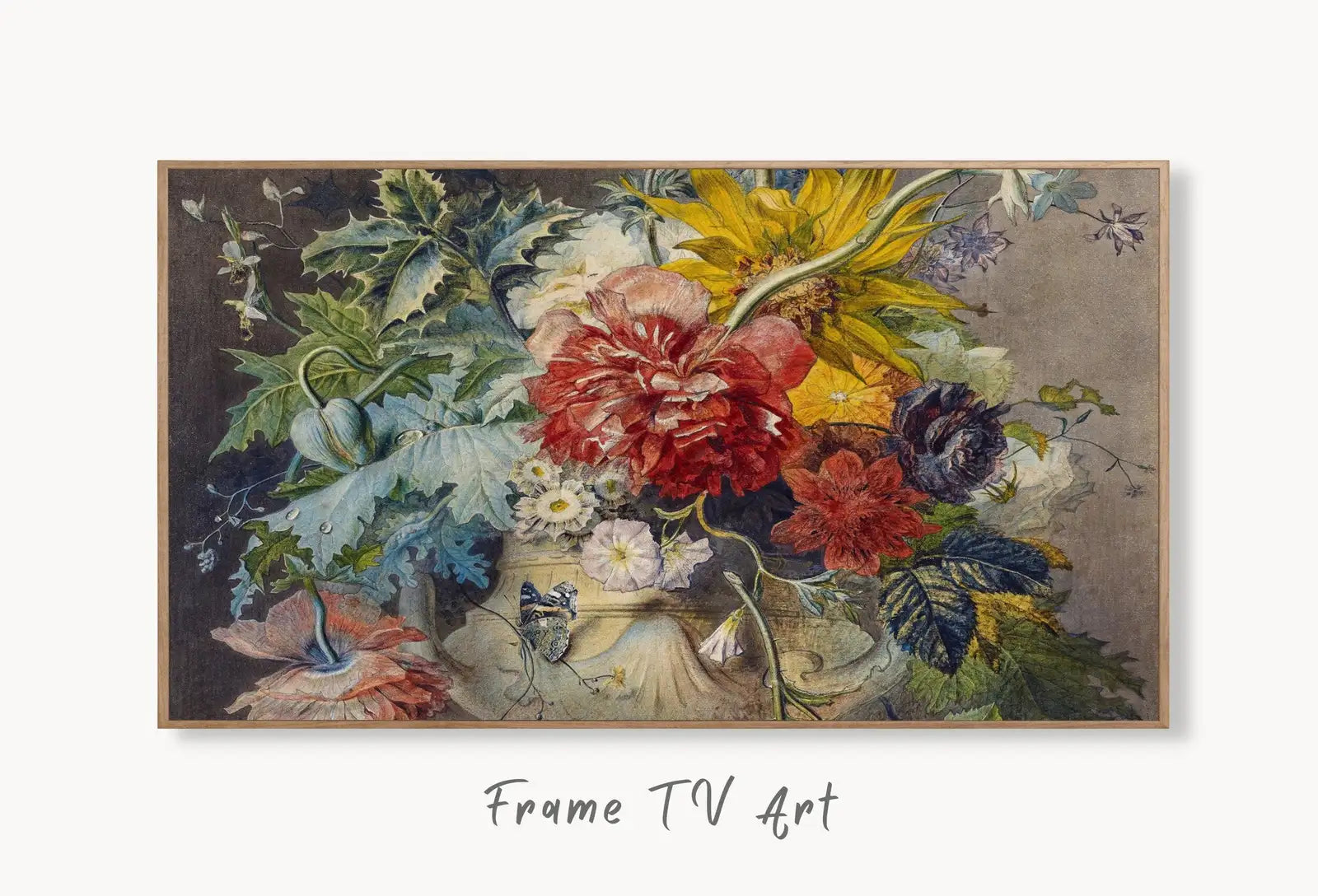 Samsung Frame TV Art 4K Vintage Still life Painting. Bouquet of Flowers in Vase Art. Instant Download Colorful Retro Floral Art for Frame TV displayed on Samsung Frame TV on a living room wall.