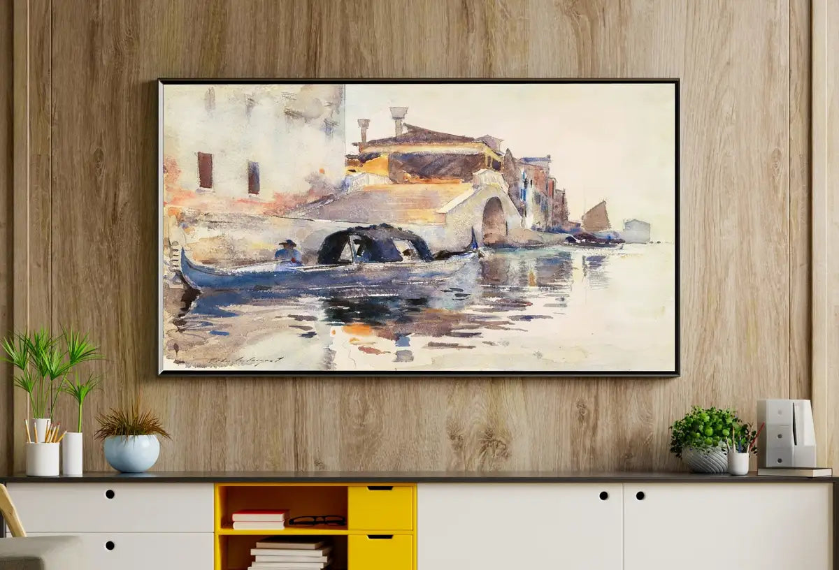 Detail view of artwork from Samsung Frame TV Art 4K Vintage Venice Canal Painting. Instant Download Art for TV. Colorful Frame TV Art. Watercolor Landscape Painting. (variation 2)