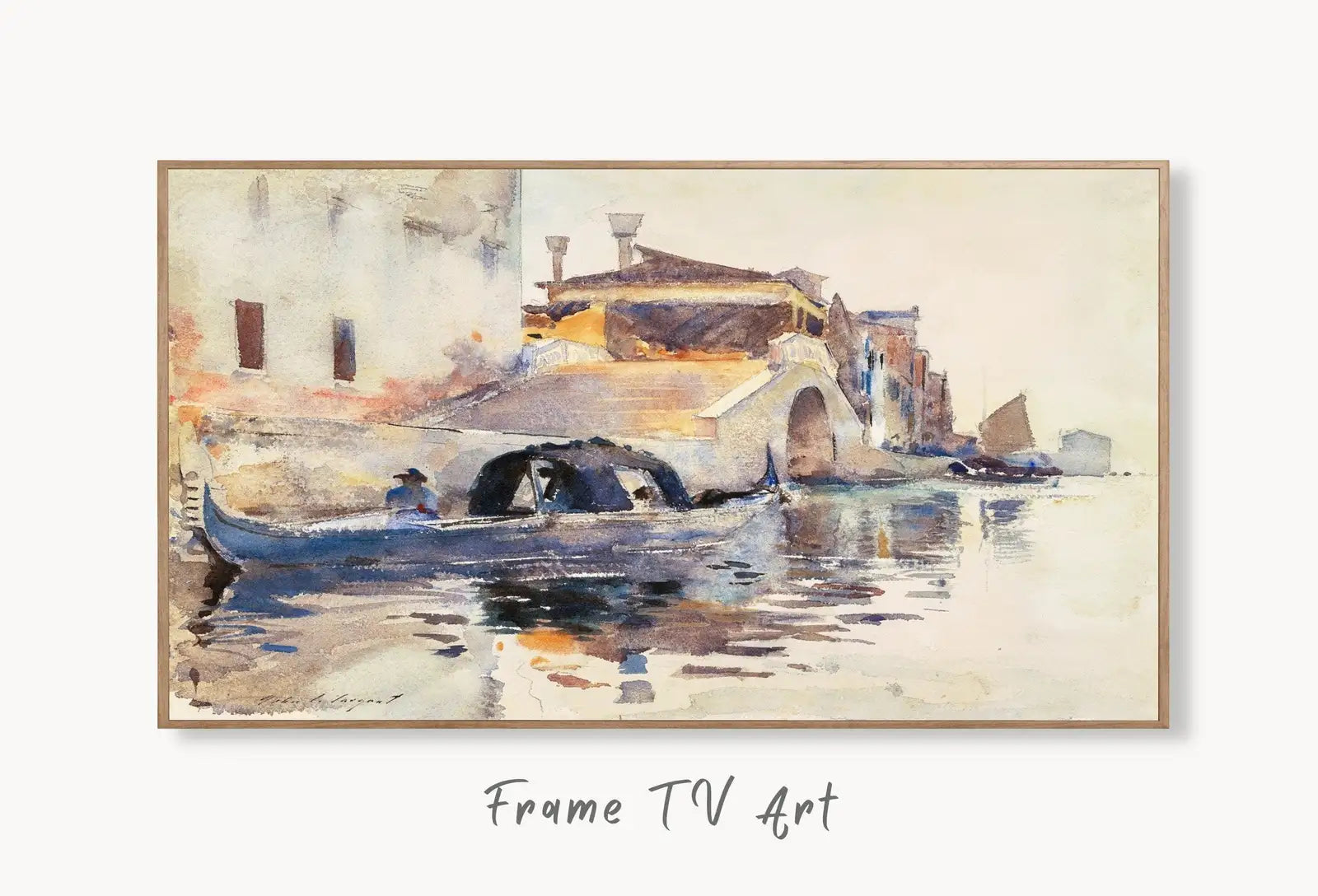 Samsung Frame TV Art 4K Vintage Venice Canal Painting. Instant Download Art for TV. Colorful Frame TV Art. Watercolor Landscape Painting displayed on Samsung Frame TV on a living room wall.