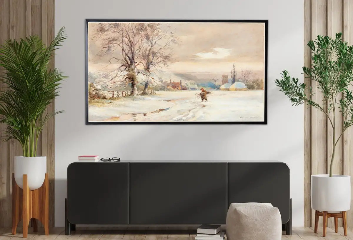 Detail view of artwork from Samsung Frame TV Art 4K Vintage Winter Landscape Painting. Instant Download Colorful Winter Art for the Frame TV. Landscape Art for TV. (variation 2)