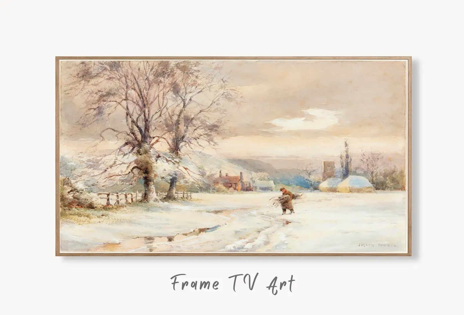 Samsung Frame TV Art 4K Vintage Winter Landscape Painting. Instant Download Colorful Winter Art for the Frame TV. Landscape Art for TV displayed on Samsung Frame TV on a living room wall.