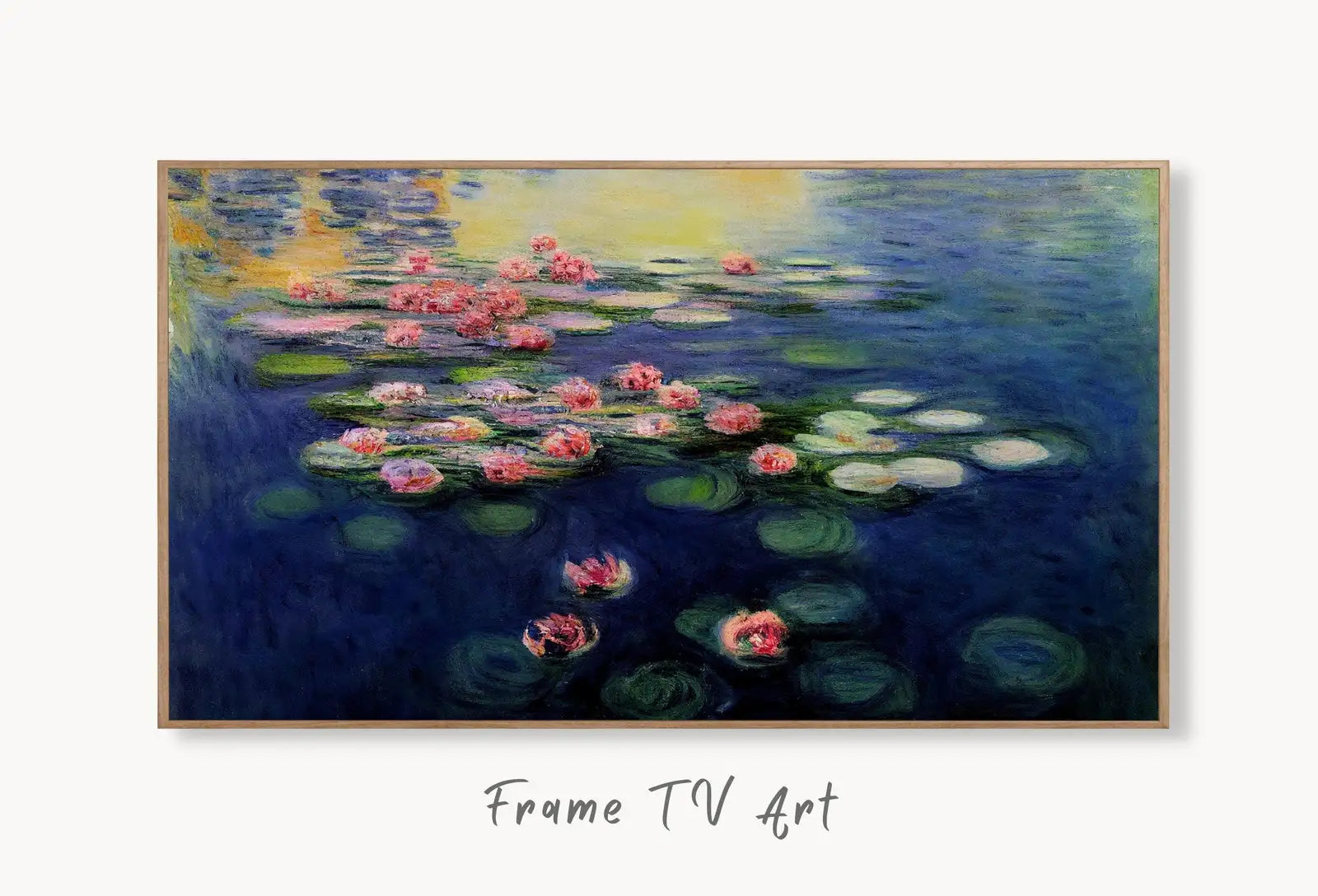 Samsung Frame TV Art 4K Water Lilies Pond Colorful Monet Inspired Digital Art. Instant Download Landscape Art for Frame TV. Botanical Art displayed on Samsung Frame TV on a living room wall.