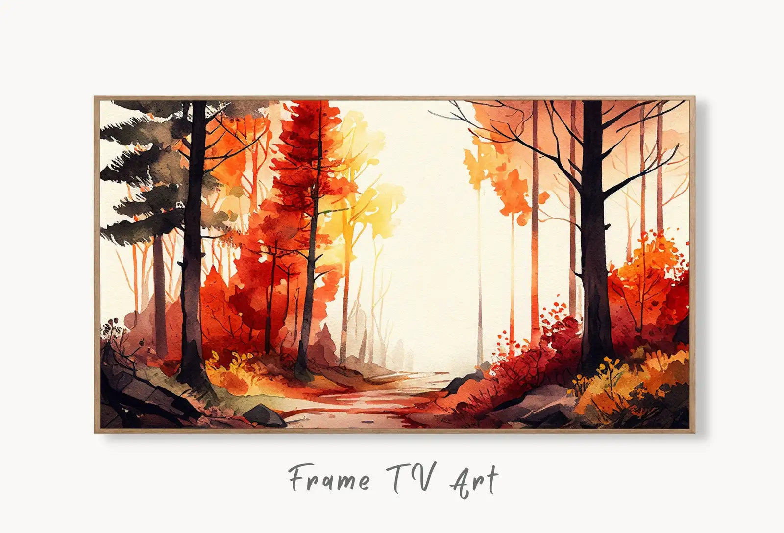 Samsung Frame TV Art 4K Watercolor Fall Forest Landscape Digital Painting. Instant Download Autumn Forest Art for Samsung Frame TV. TV Art displayed on Samsung Frame TV on a living room wall.