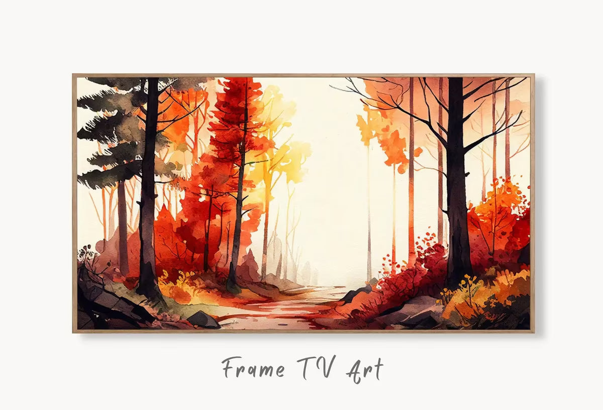 Samsung Frame TV Art 4K Watercolor Fall Forest Landscape Digital Painting. Instant Download Autumn Forest Art for Samsung Frame TV. TV Art – Frame TV  Art