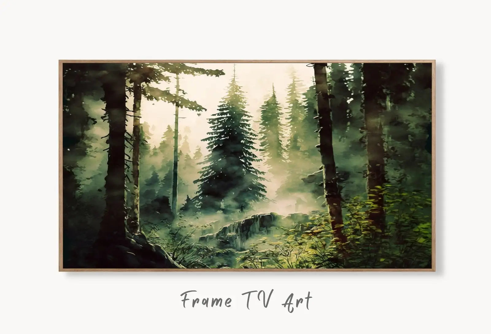 Samsung Frame TV Art 4K Watercolor Forest Landscape Digital Painting. Instant Download. Dense Forest Art for Samsung Frame TV. Art for TV displayed on Samsung Frame TV on a living room wall.