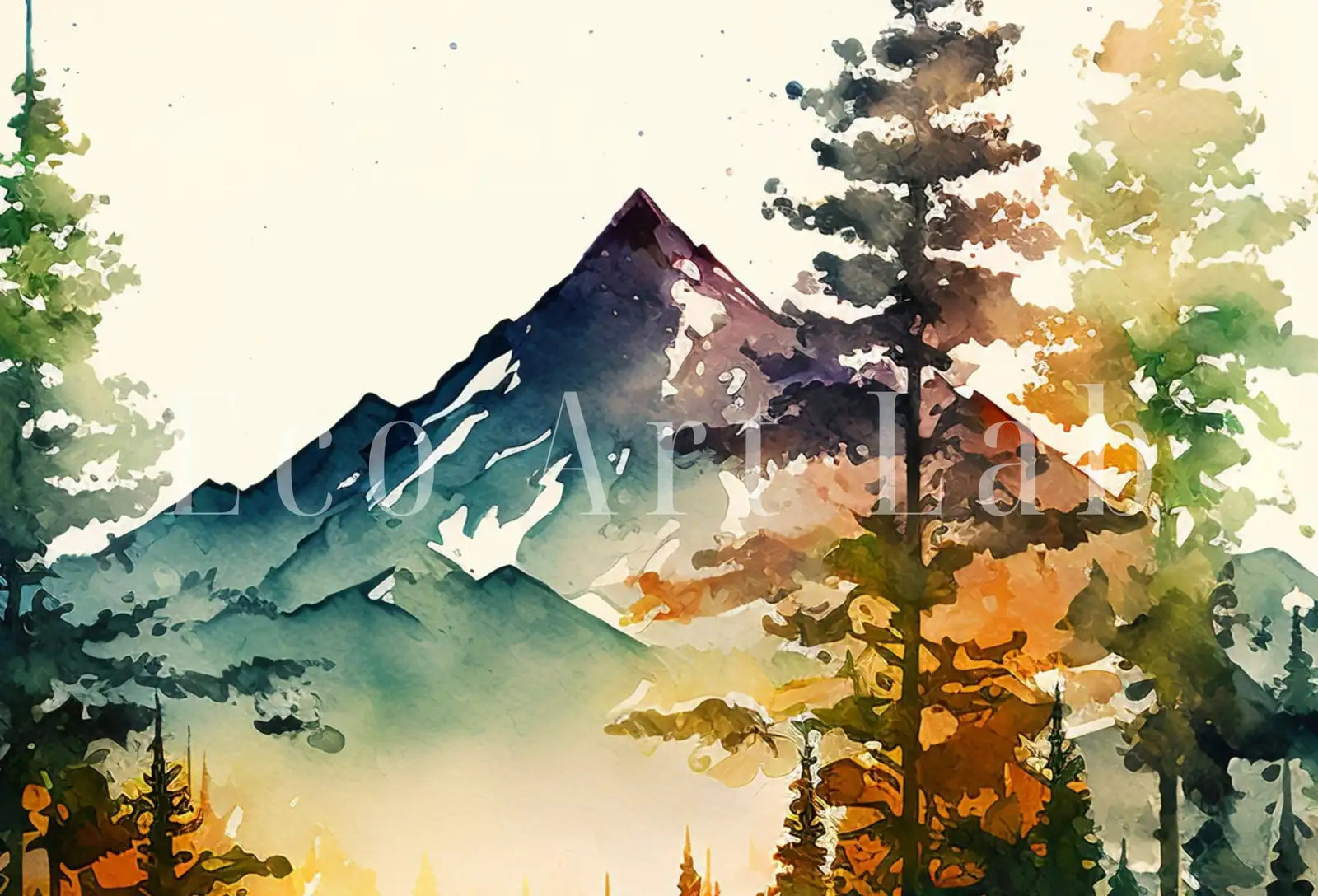 Detail view of artwork from Samsung Frame TV Art 4K Watercolor Forest Mountain Landscape Digital Painting. Instant Download Forest Art for Samsung Frame TV. Art for TV. (variation 1)