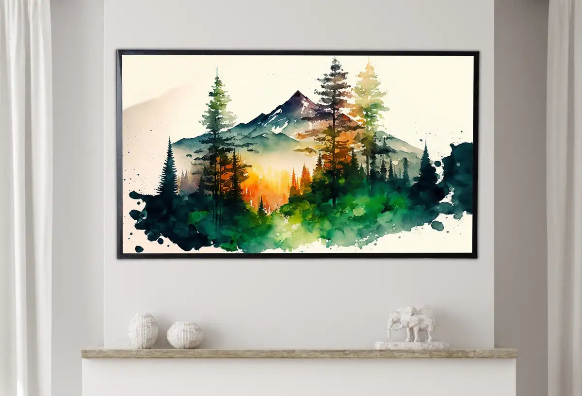 Detail view of artwork from Samsung Frame TV Art 4K Watercolor Forest Mountain Landscape Digital Painting. Instant Download Forest Art for Samsung Frame TV. Art for TV. (variation 2)