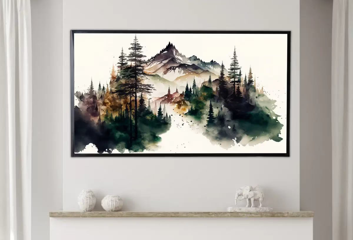 Samsung Frame TV Art 4K Watercolor Mountain Forest Landscape Digital Painting. Instant Download Forest Art for Samsung Frame TV. Art for TV – Frame TV  Art