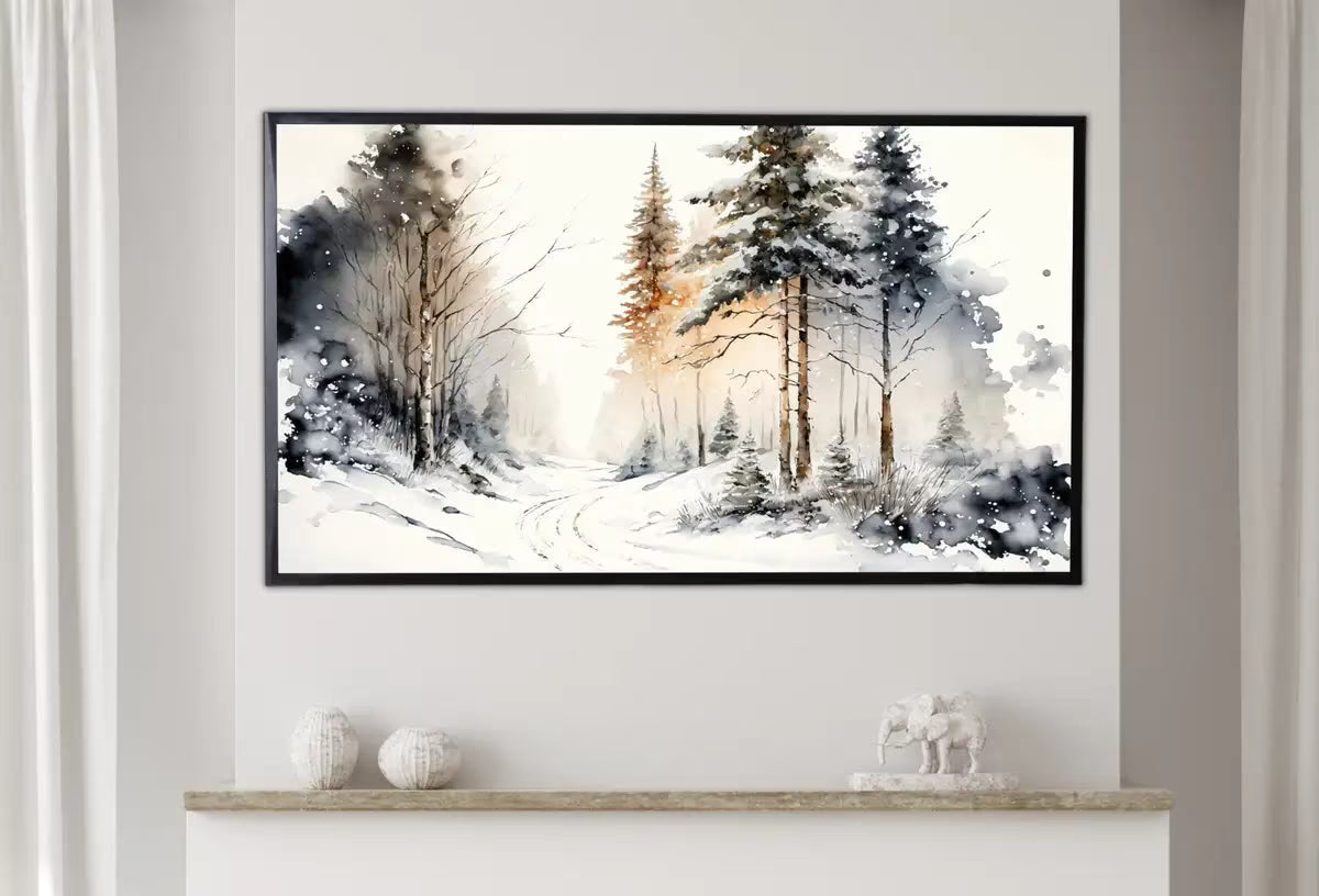 Samsung Frame TV Art 4K Watercolor Winter Forest Trail Landscape Painting. Instant Download Winter Art for Frame TV. Nature Art for TV – Frame TV  Art