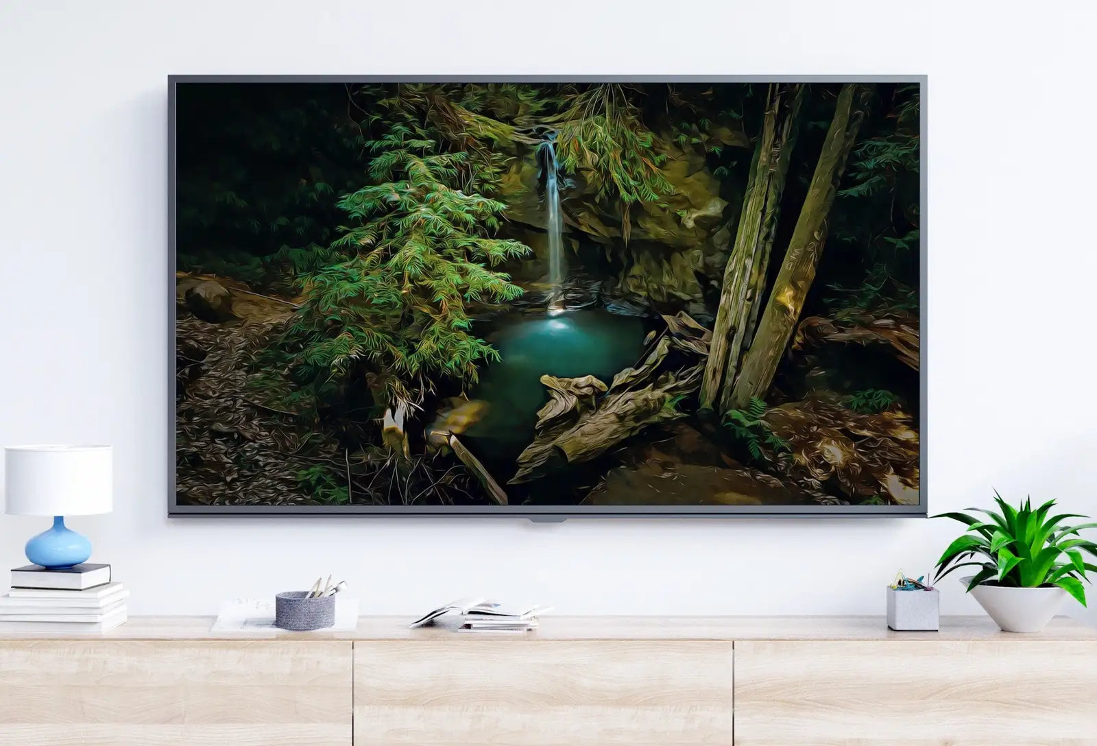 Included artwork preview showing first selection of artworks from Samsung Frame TV Art 4K Waterfall in Forest Digital Painting. Instant Download Art for TV. Colorful Frame TV Art.