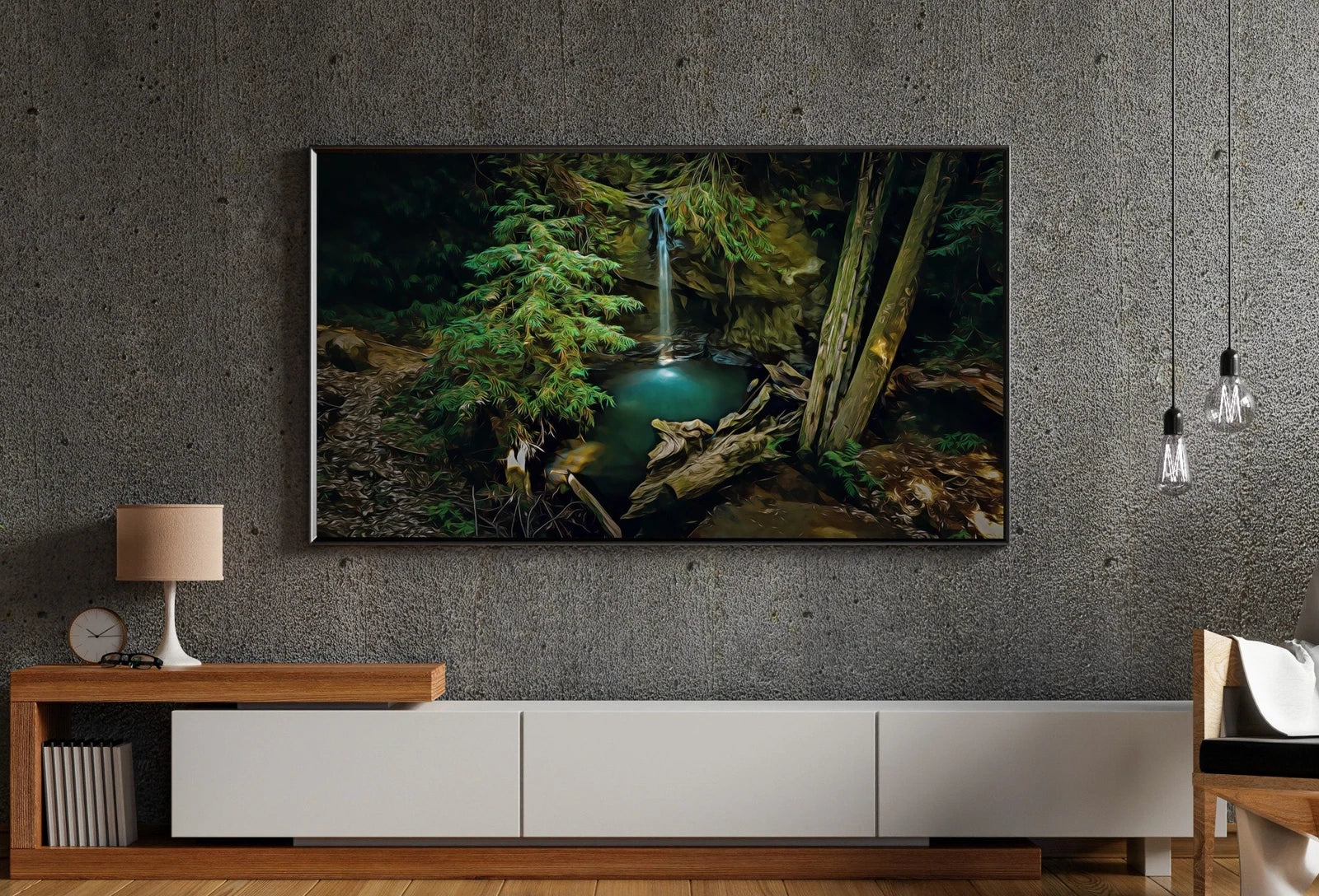 Detail view of artwork from Samsung Frame TV Art 4K Waterfall in Forest Digital Painting. Instant Download Art for TV. Colorful Frame TV Art. (variation 1)