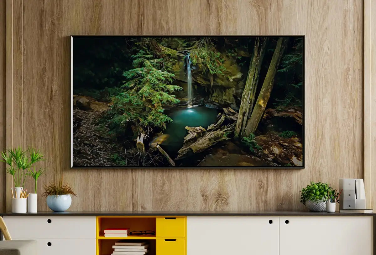 Detail view of artwork from Samsung Frame TV Art 4K Waterfall in Forest Digital Painting. Instant Download Art for TV. Colorful Frame TV Art. (variation 2)