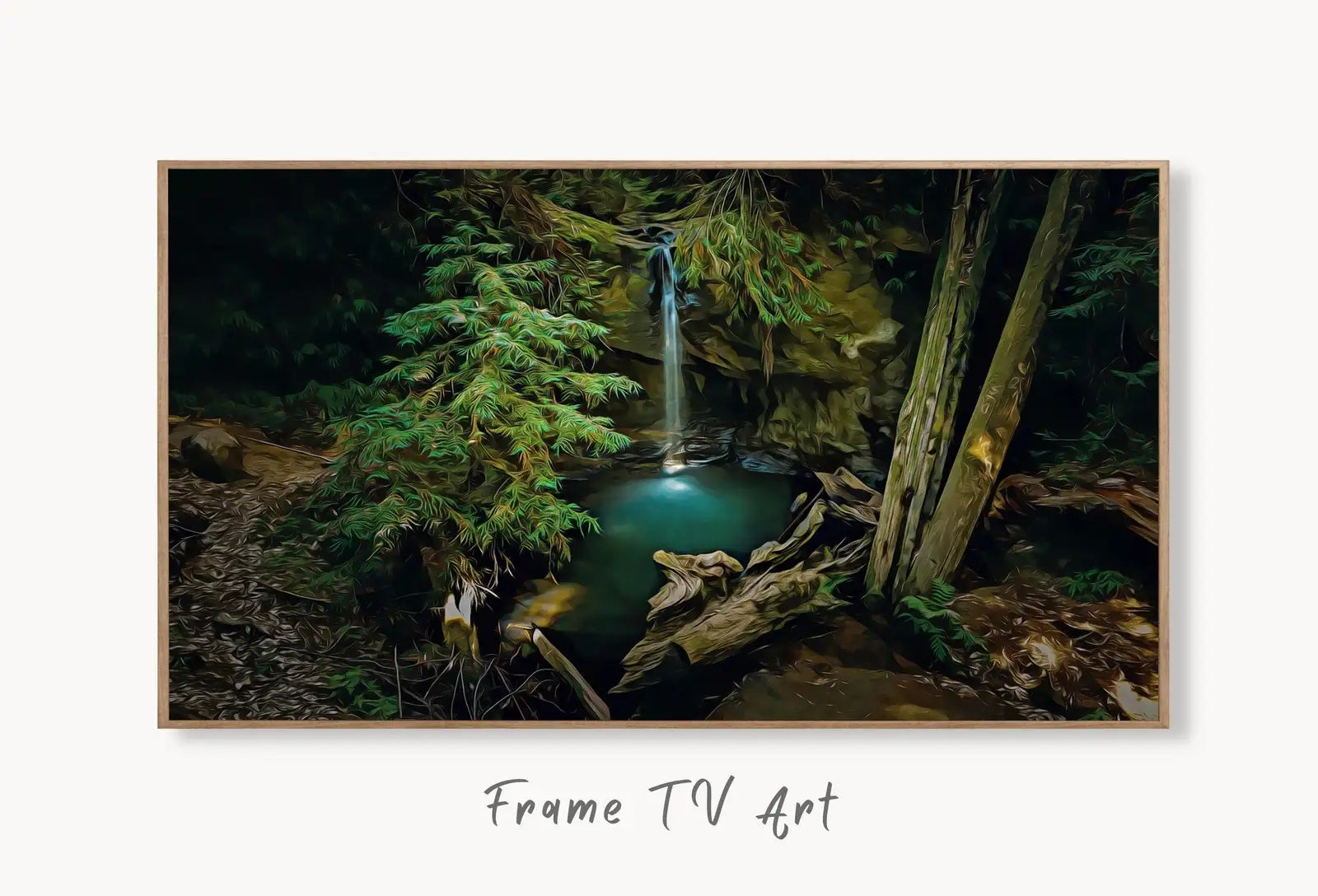 Samsung Frame TV Art 4K Waterfall in Forest Digital Painting. Instant Download Art for TV. Colorful Frame TV Art displayed on Samsung Frame TV on a living room wall.