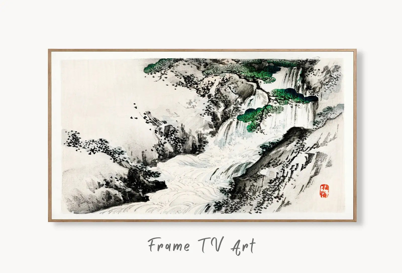 Samsung Frame TV Art 4K Waterfall Vintage Japanese Wall Art. Instant Download Antique Japanese Art for the Frame TV. Vintage Wall Art displayed on Samsung Frame TV on a living room wall.