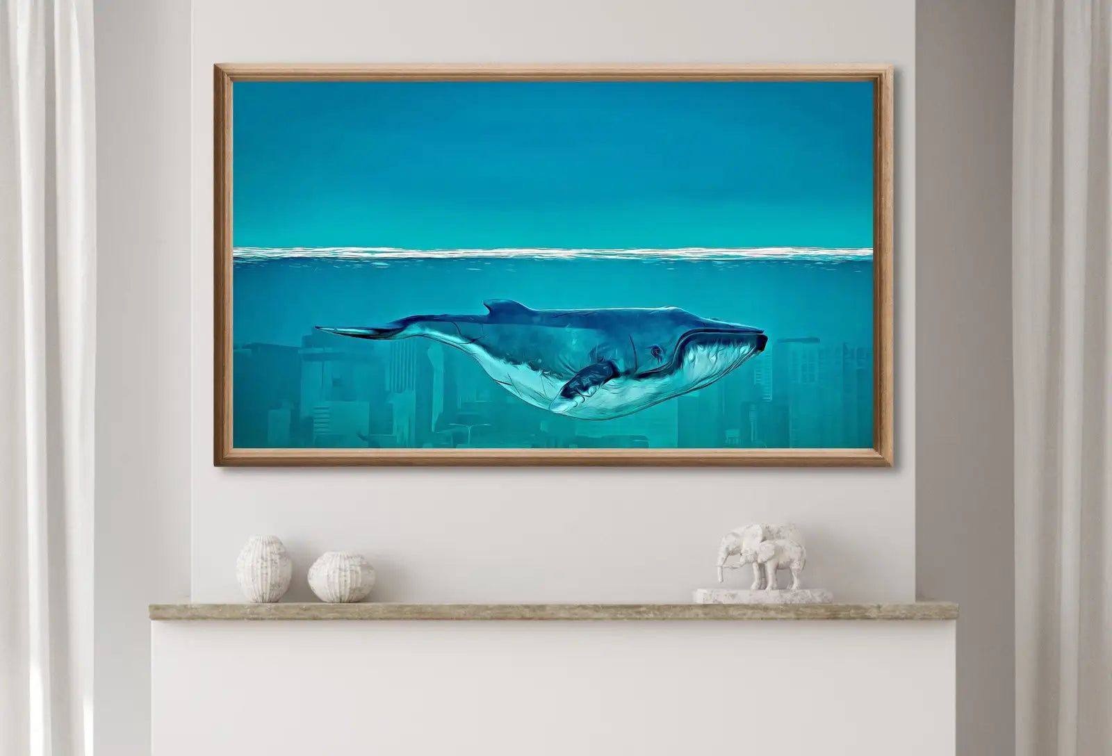 Detail view of artwork from Samsung Frame TV Art 4K Whale Painting Underwater City Fantasy Art. Instant Download Fairytale Whale Art. Digital Painting Art for Frame TV. (variation 1)