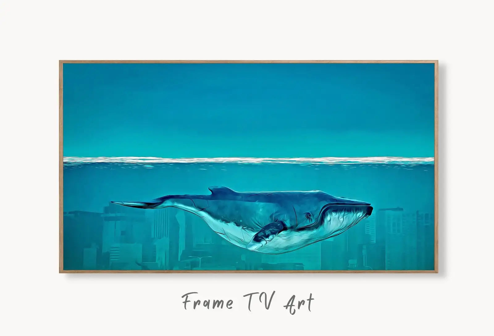 Samsung Frame TV Art 4K Whale Painting Underwater City Fantasy Art. Instant Download Fairytale Whale Art. Digital Painting Art for Frame TV displayed on Samsung Frame TV on a living room wall.