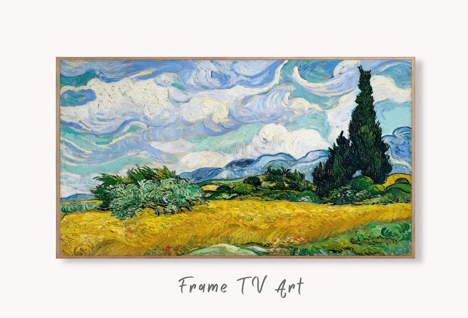 Samsung Frame TV Art 4K Wheat Field Famous Painting by Vincent van Gogh. Instant Download van Gogh Landscape for the Frame TV. Vintage Decor displayed on Samsung Frame TV on a living room wall.