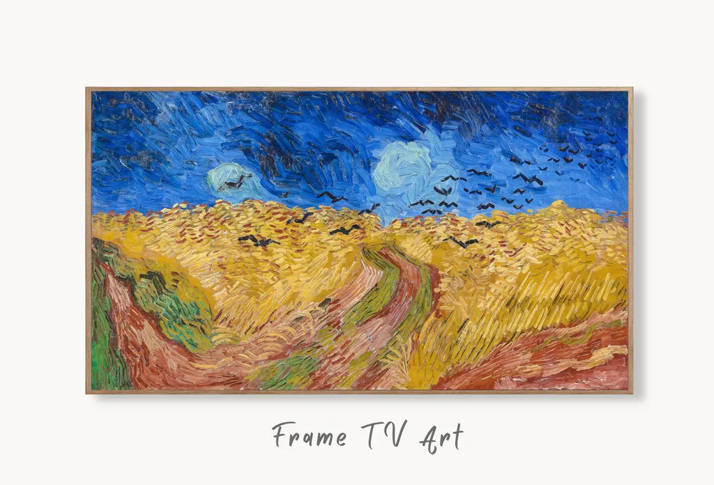 Samsung Frame TV Art 4K Wheatfield with Crows Famous Painting by Vincent van Gogh. Instant Download van Gogh Landscape for the Frame TV displayed on Samsung Frame TV on a living room wall.