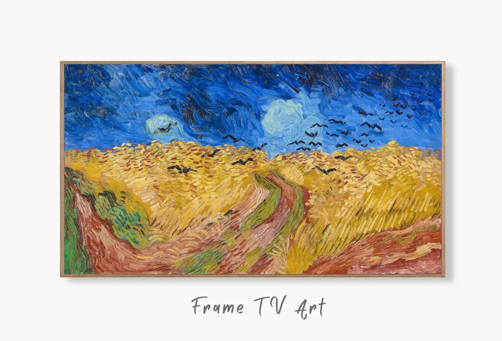 Samsung Frame TV Art 4K Wheatfield with Crows Famous Painting by Vincent van Gogh. Instant Download van Gogh Landscape for the Frame TV displayed on Samsung Frame TV on a living room wall.