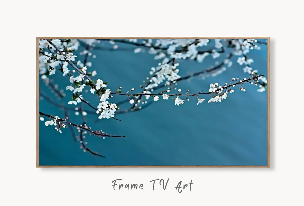 Samsung Frame TV Art 4K White Blossom Tree Digital Painting. Instant Download Cherry Blossom Floral Art for Frame TV. Botanical Wall Art displayed on Samsung Frame TV on a living room wall.