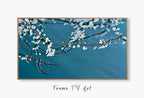 Samsung Frame TV Art 4K White Blossom Tree Digital Painting. Instant Download Cherry Blossom Floral Art for Frame TV. Botanical Wall Art displayed on Samsung Frame TV on a living room wall.