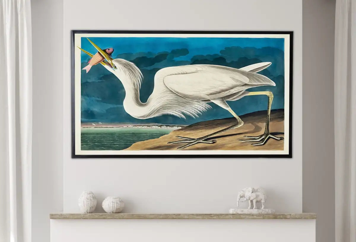 Detail view of artwork from Samsung Frame TV Art 4K White Heron Tropical Bird Vintage Painting. Samsung TV Art Vintage. Digital Download Nature Art for Samsung Frame TV. (variation 2)
