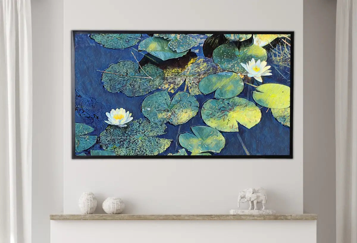 Detail view of artwork from Samsung Frame TV Art 4K White Lotus Flowers in Water Digital Painting. Instant Download Colorful Botanical Lotus Floral Art for the Frame TV. (variation 2)