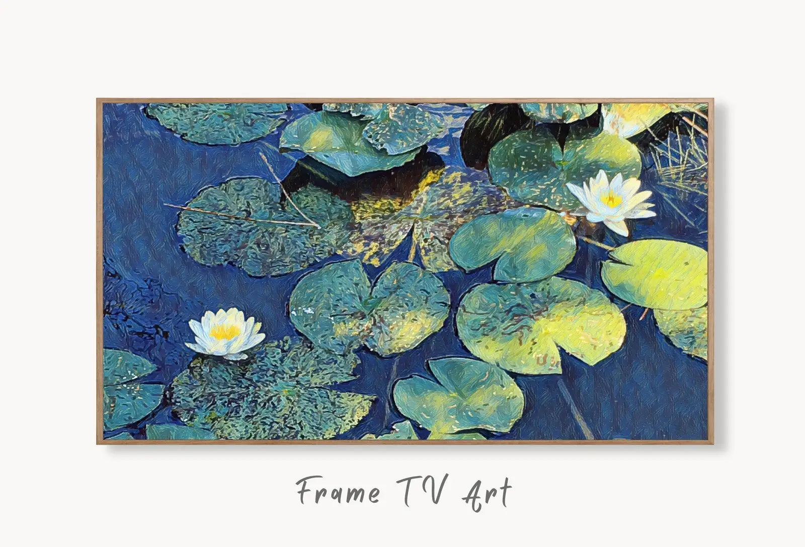 Samsung Frame TV Art 4K White Lotus Flowers in Water Digital Painting. Instant Download Colorful Botanical Lotus Floral Art for the Frame TV displayed on Samsung Frame TV on a living room wall.