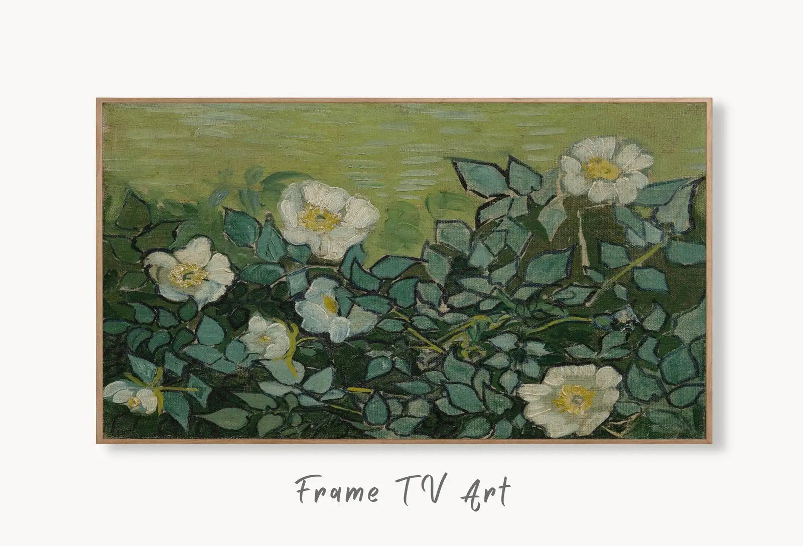 Samsung Frame TV Art 4K Wild Roses Famous Painting by Vincent van Gogh. Instant Download van Gogh Art for Frame TV. Vintage Wall Art displayed on Samsung Frame TV on a living room wall.