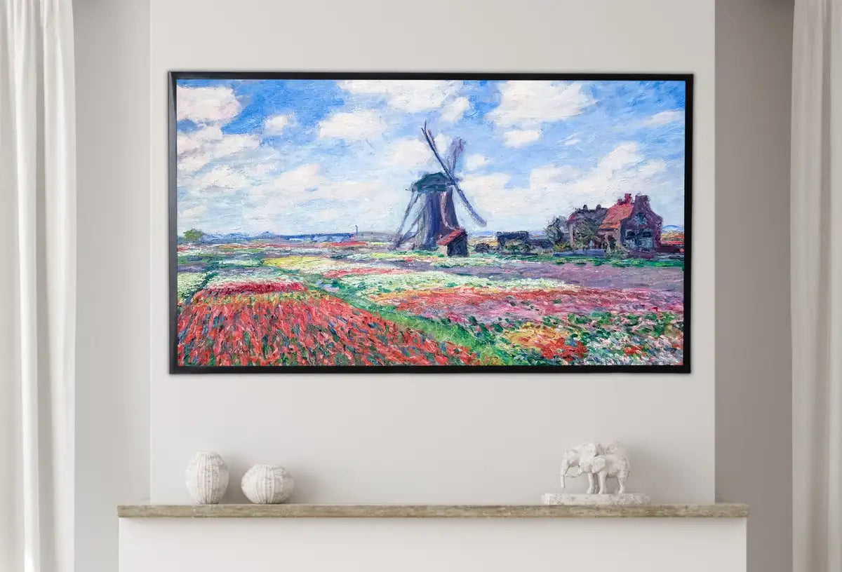 Detail view of artwork from Samsung Frame TV Art 4K Windmill & Tulip Field Famous Claude Monet Painting. Instant Download Botanical Art for Frame TV. Vintage Wall Art. (variation 2)