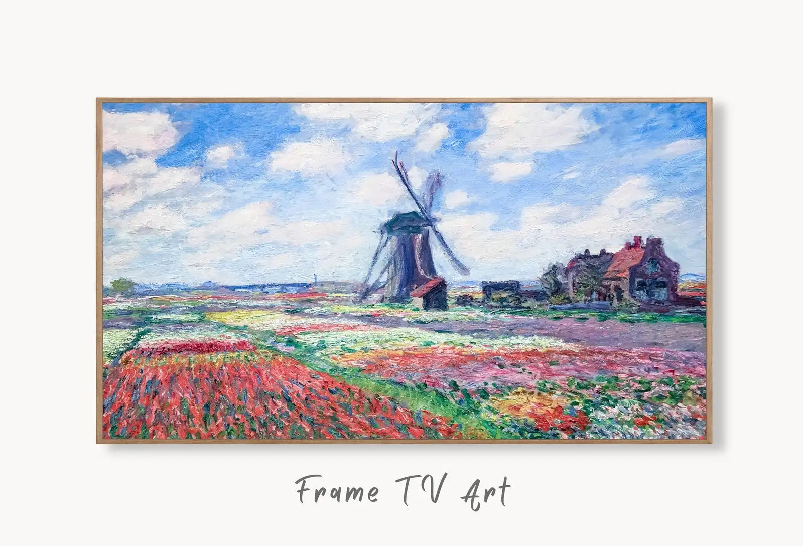 Samsung Frame TV Art 4K Windmill & Tulip Field Famous Claude Monet Painting. Instant Download Botanical Art for Frame TV. Vintage Wall Art displayed on Samsung Frame TV on a living room wall.