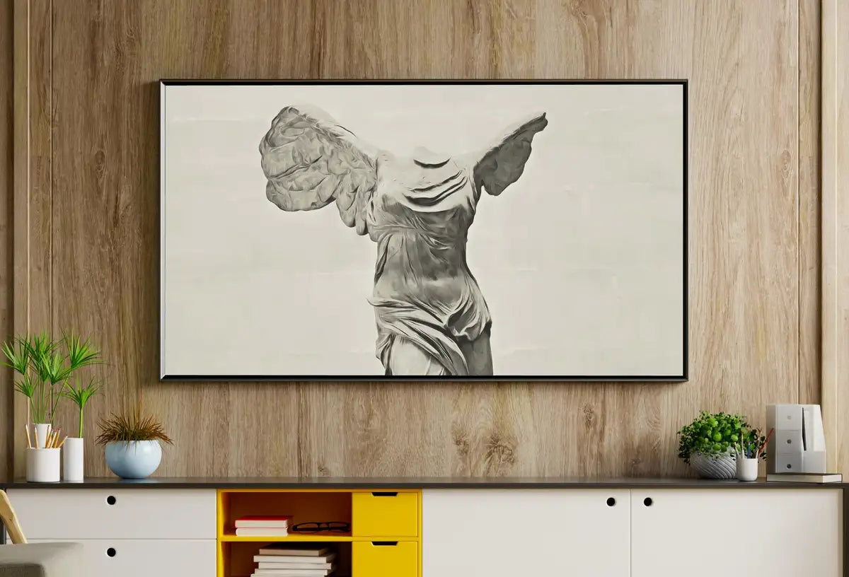 Detail view of artwork from Samsung Frame TV Art 4K Winged Victory of Samothrace Ancient Greek Mythology Art Vintage Painting. Greek Goddess Statue Art for Frame TV.. (variation 2)